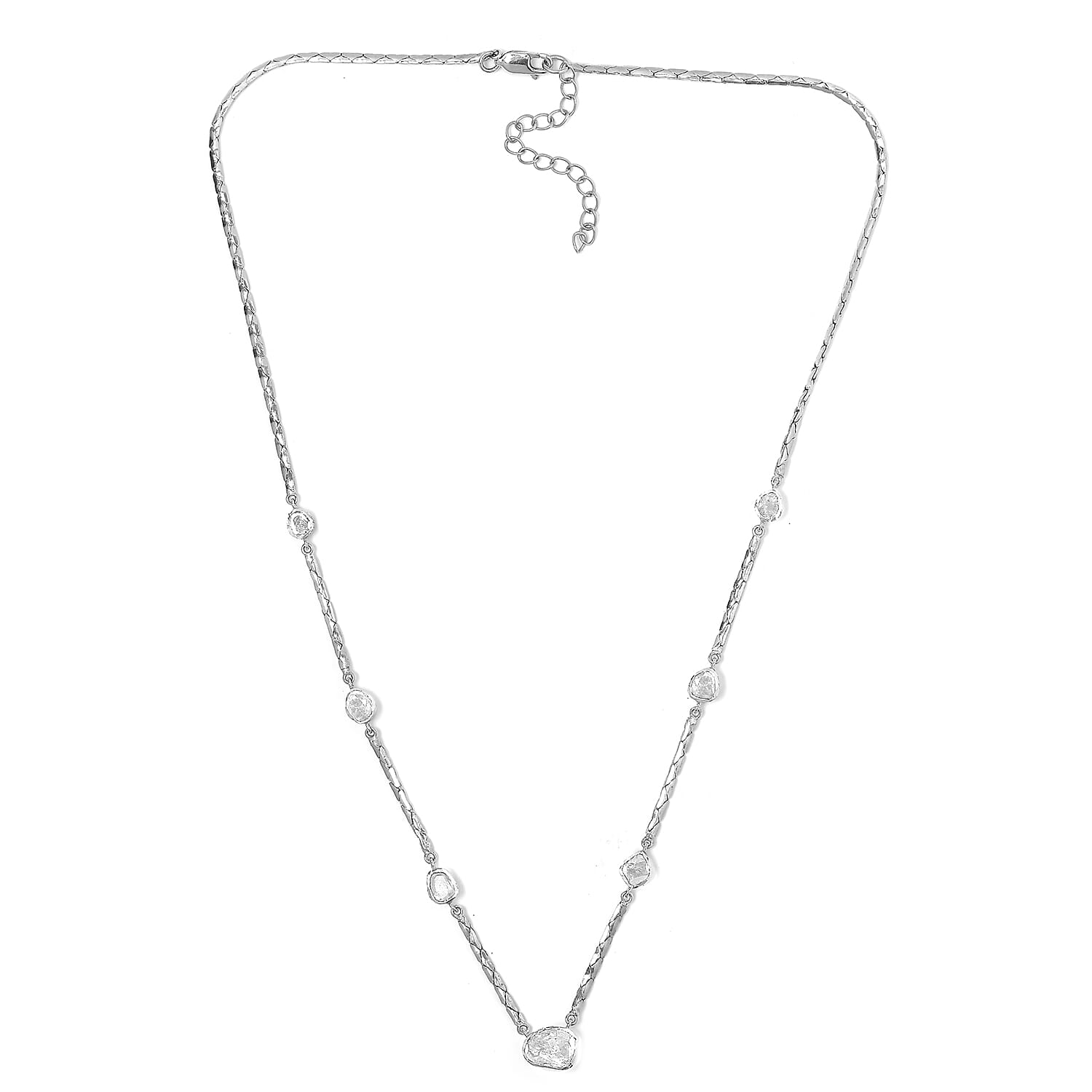 Polki Diamond Station Necklace (Size 18 with 2 inch Extender) in Sterling Silver 2.00 Ct, Silver wt. 8.63 Gms
