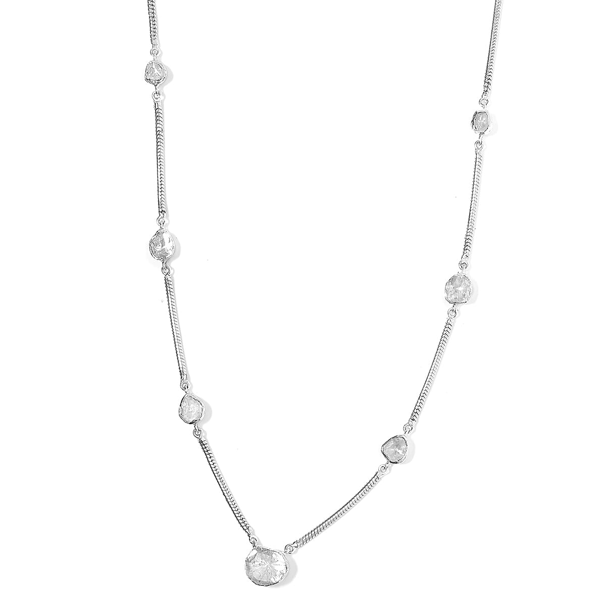 Polki Diamond Snake Station Necklace (Size 18 with 2 inch Extender) in Sterling Silver 2.00 Ct, Silver wt. 10.15 Gms