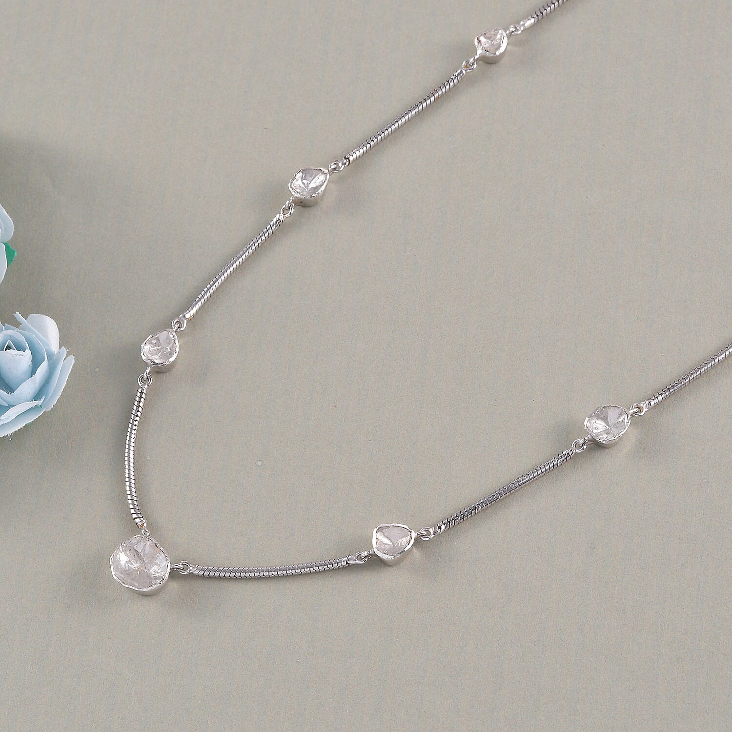 Polki Diamond Snake Station Necklace (Size 18 with 2 inch Extender) in Sterling Silver 2.00 Ct, Silver wt. 10.15 Gms