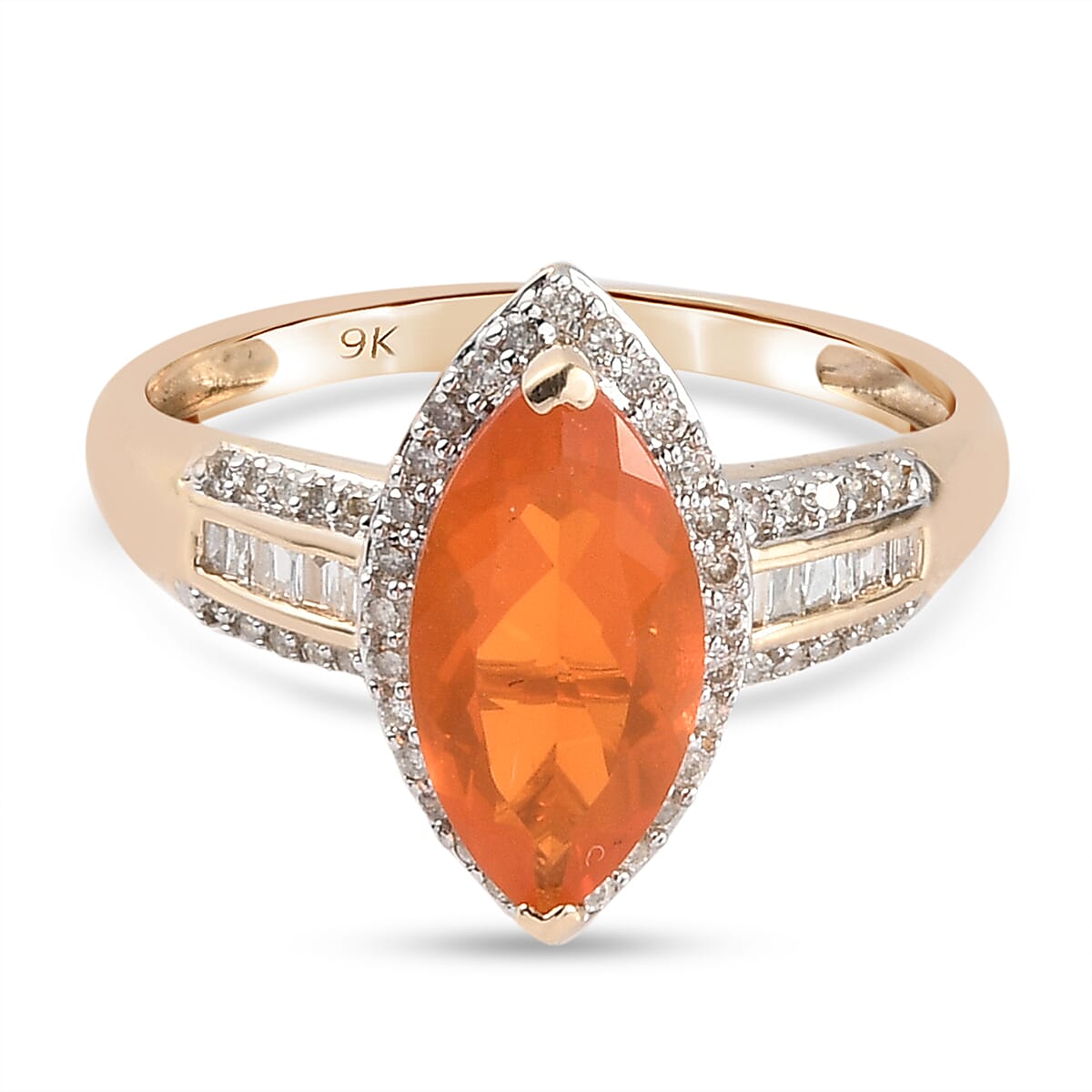 9K Yellow Gold AAA Fire Opal and Diamond Ring 1.55 Ct.