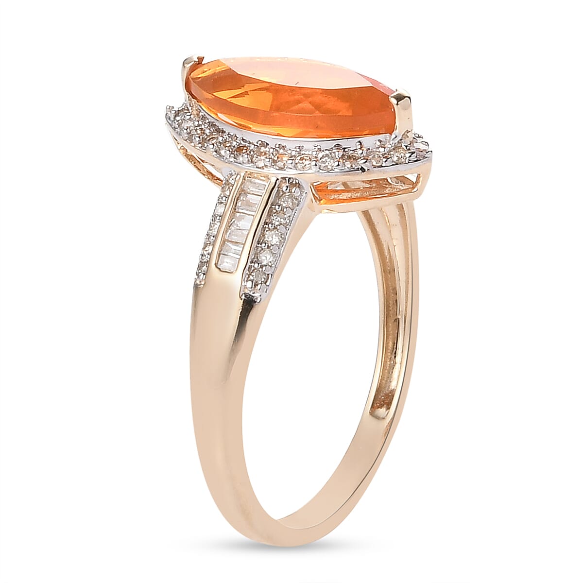 9K Yellow Gold AAA Fire Opal and Diamond Ring 1.55 Ct.