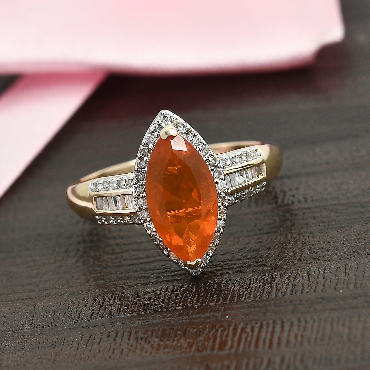 9K Yellow Gold AAA Fire Opal and Diamond Ring 1.55 Ct.
