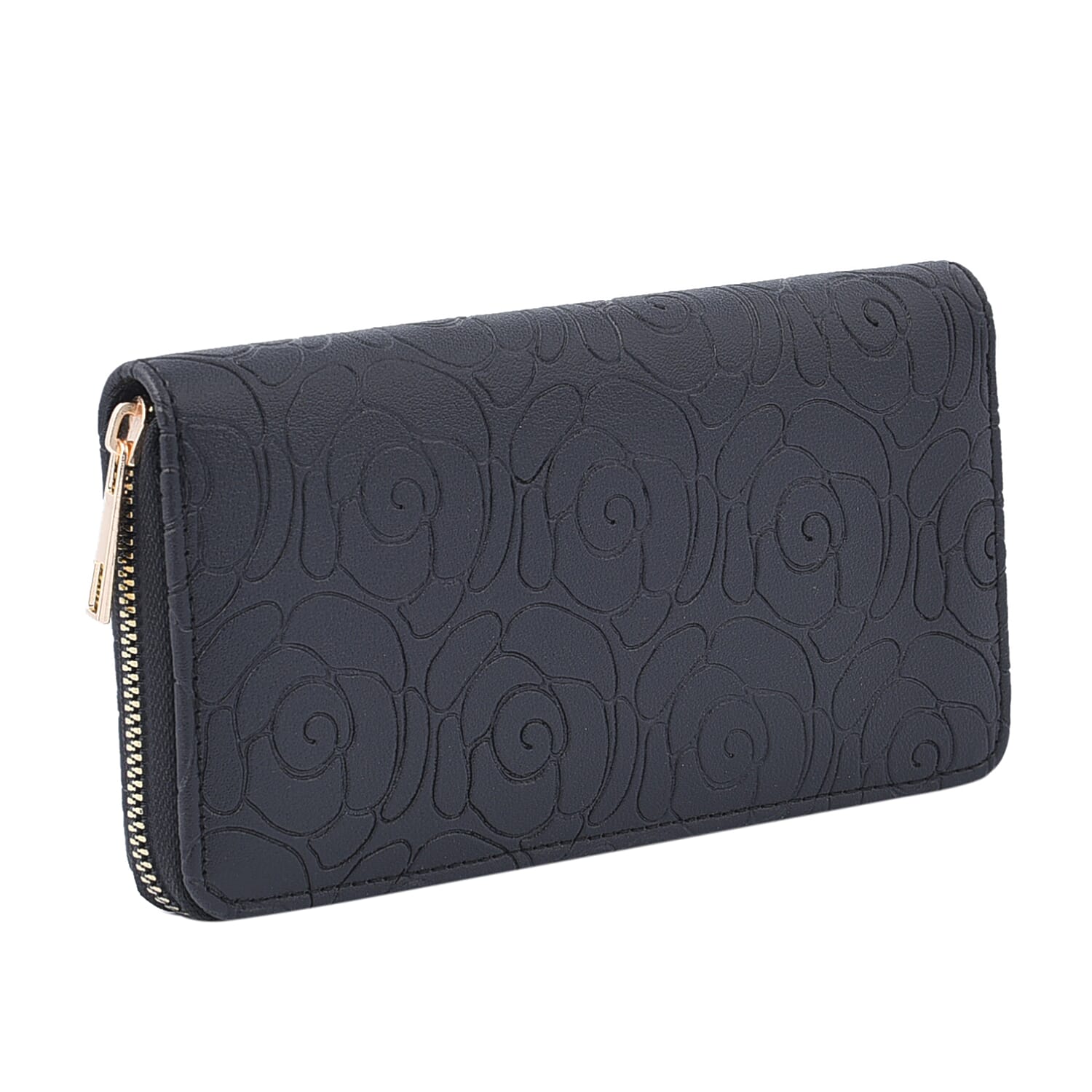 Rose Embossed Pattern Long Size Wallet with Zipper Closure  Black