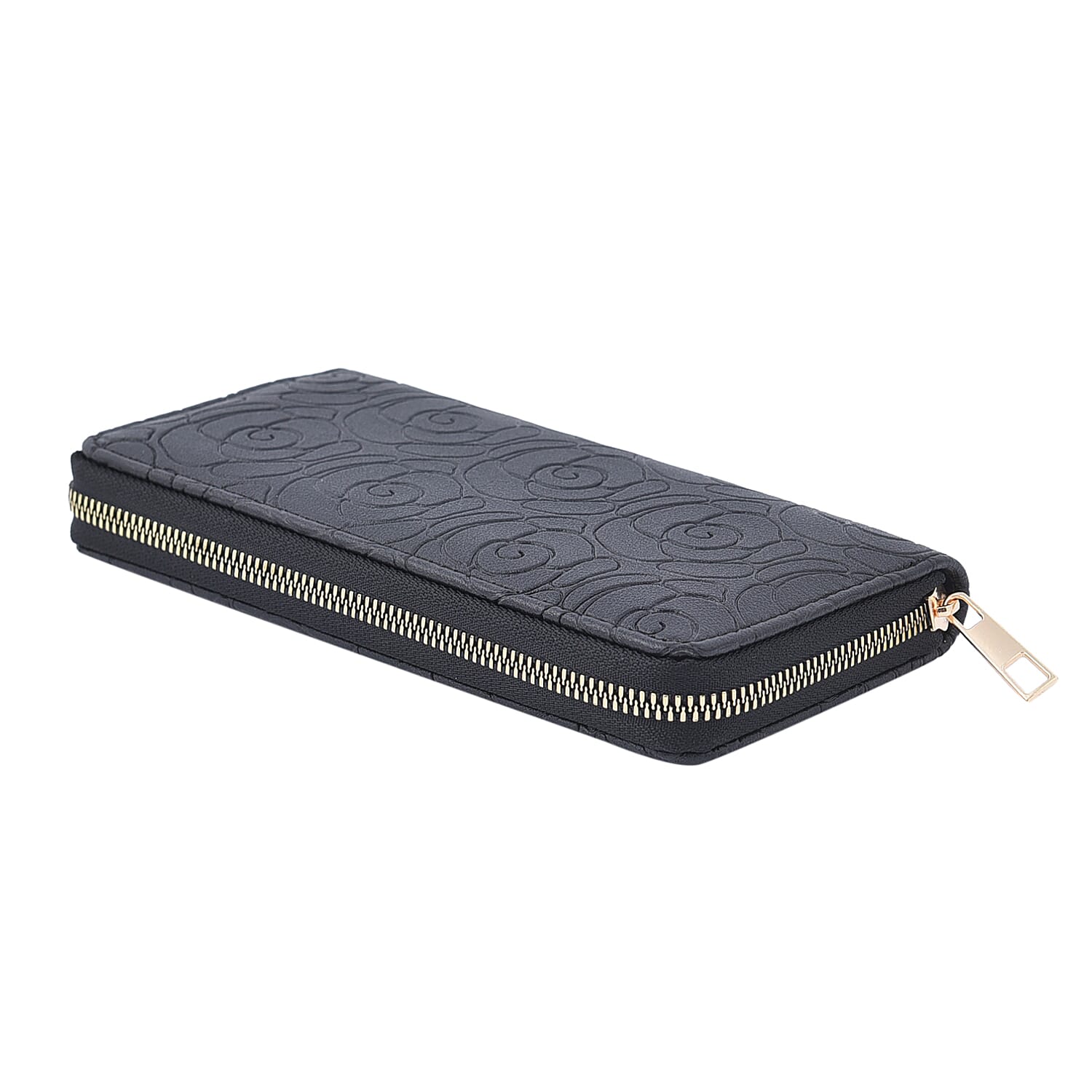 Rose Embossed Pattern Long Size Wallet with Zipper Closure  Black