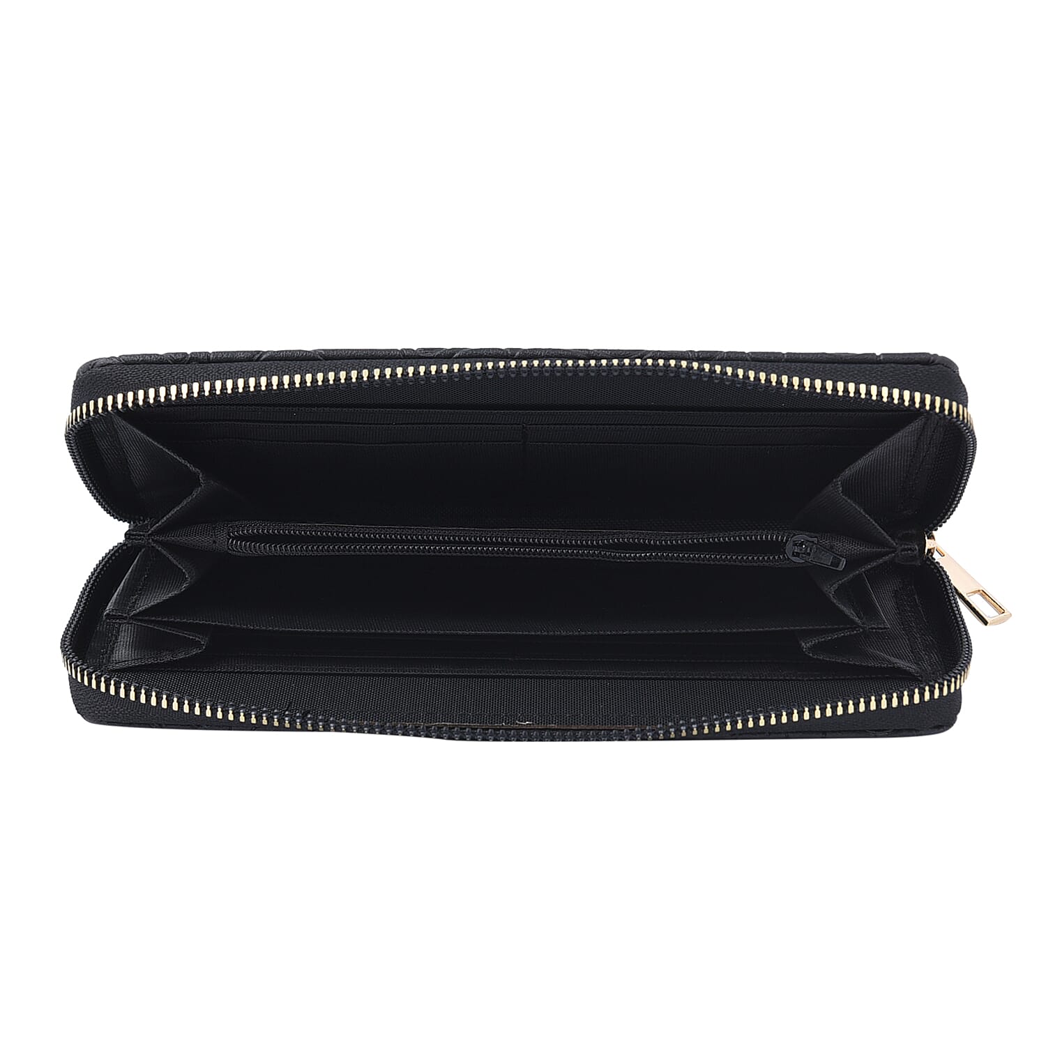 Rose Embossed Pattern Long Size Wallet with Zipper Closure  Black