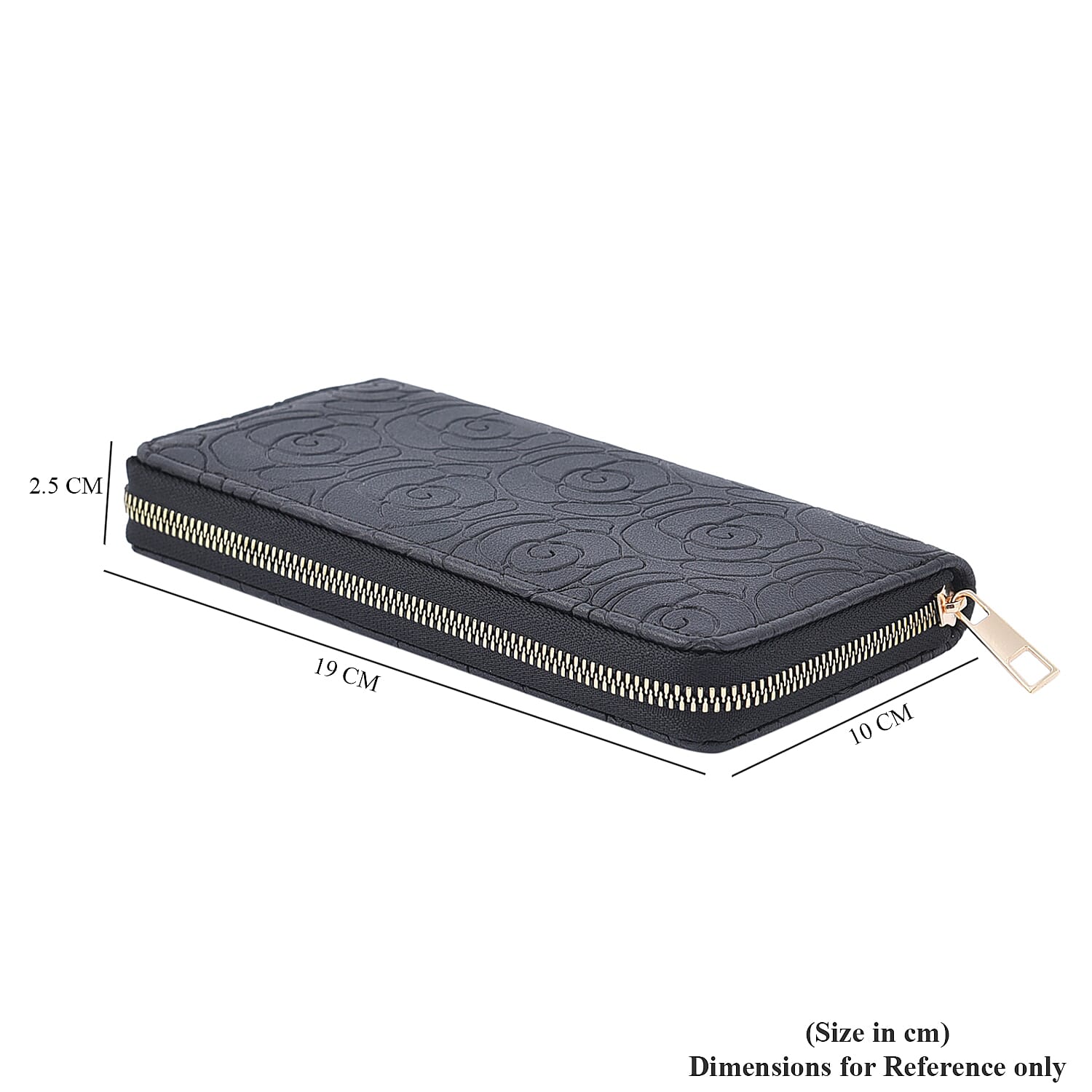 Rose Embossed Pattern Long Size Wallet with Zipper Closure  Black