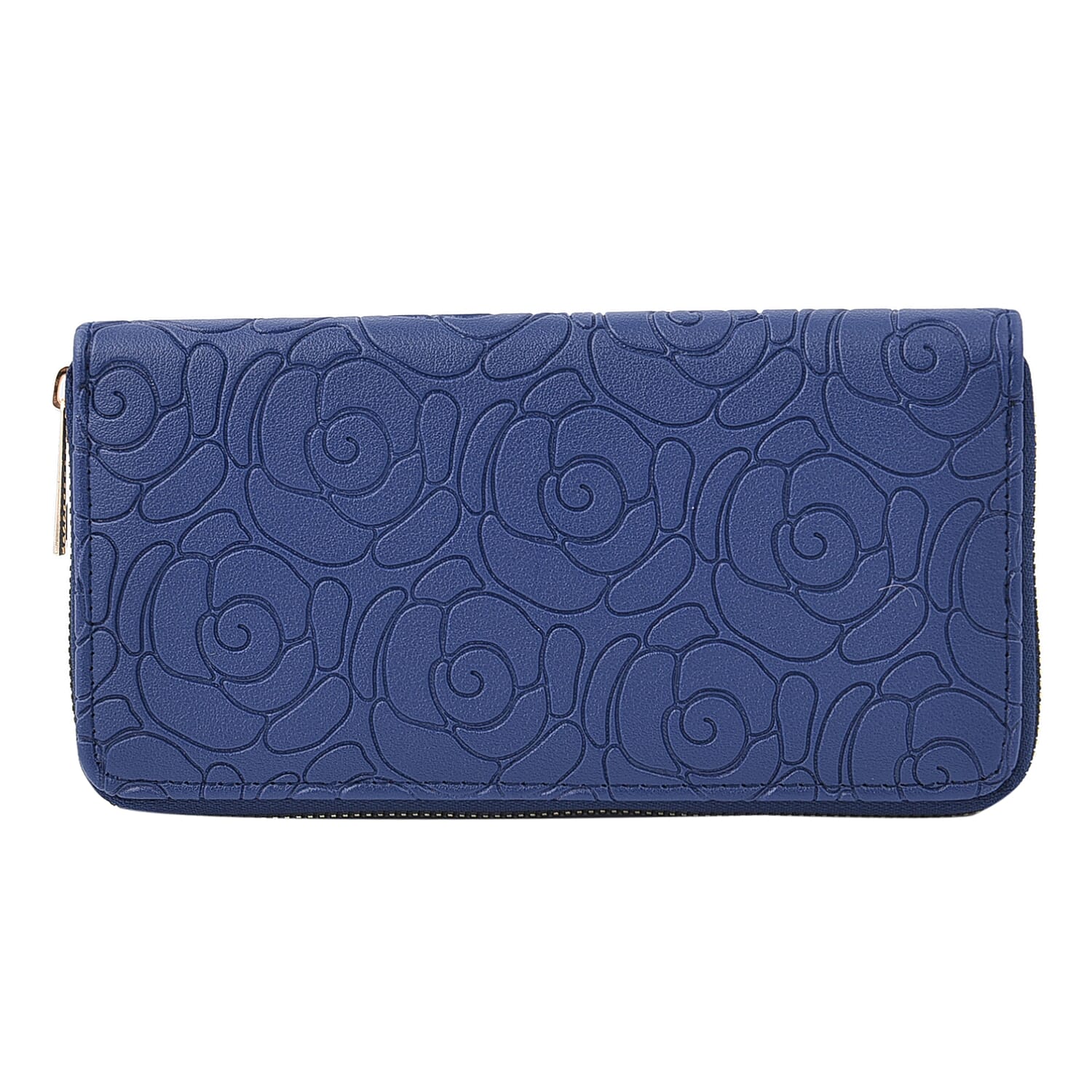 Rose Embossed Pattern Long Size Wallet with Zipper Closure (Size 19x10x3Cm) - Blue