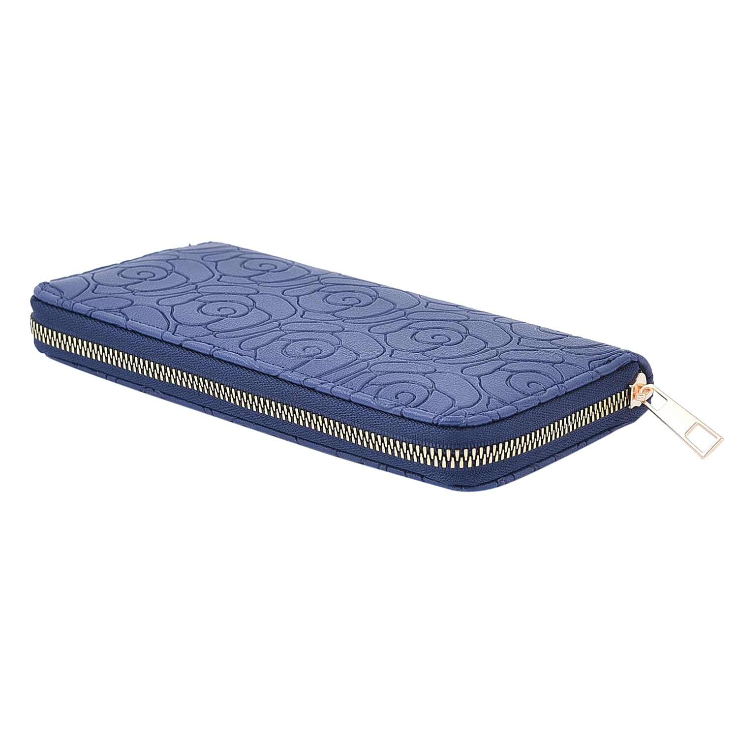Rose Embossed Pattern Long Size Wallet with Zipper Closure (Size 19x10x3Cm) - Blue