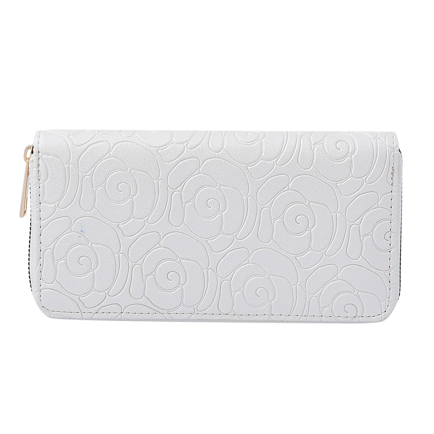 Rose Embossed Pattern Long Size Wallet with Zipper Closure (Size 19x10x3Cm) - White