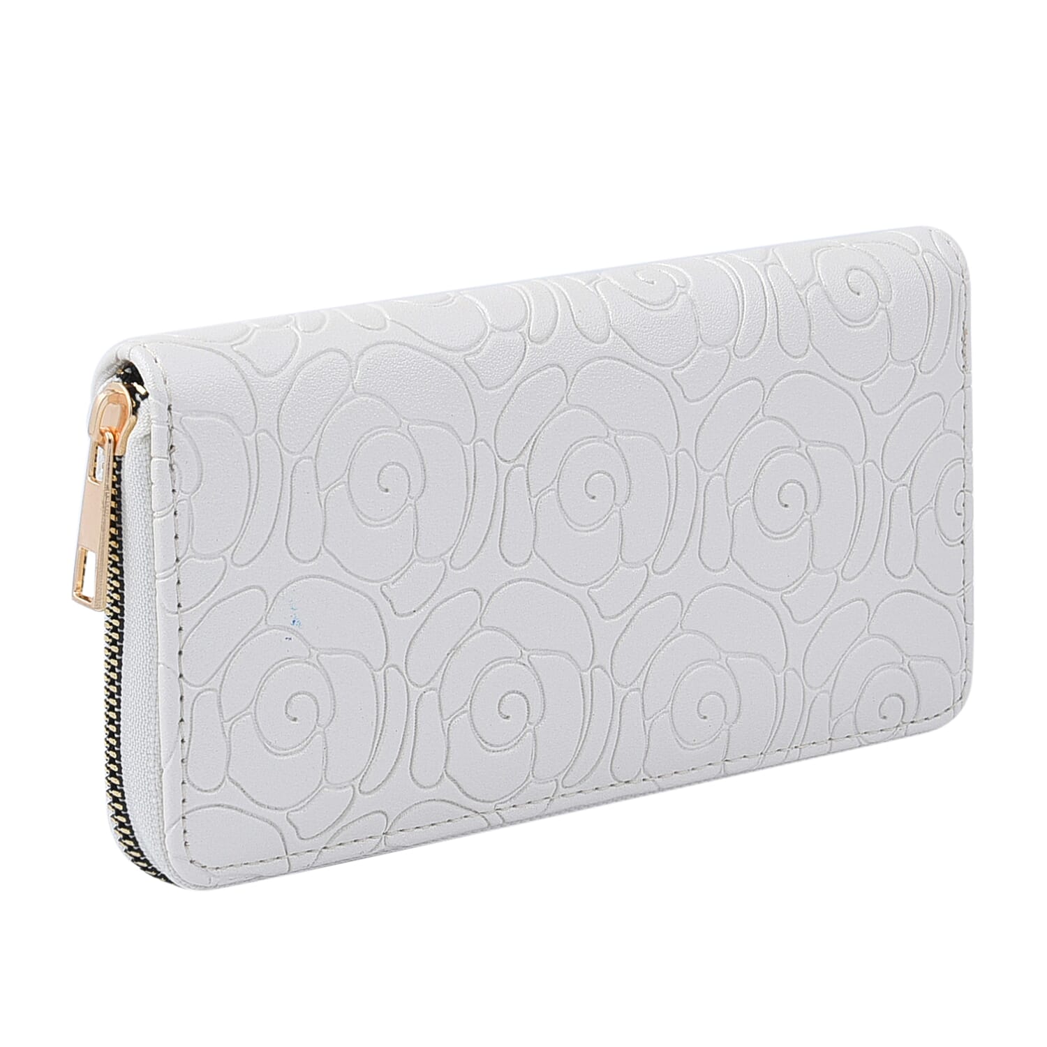 Rose Embossed Pattern Long Size Wallet with Zipper Closure (Size 19x10x3Cm) - White