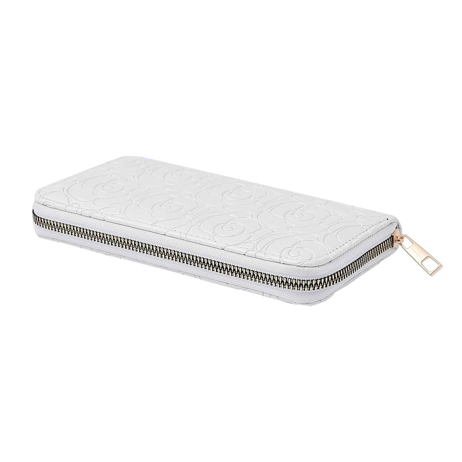 Rose Embossed Pattern Long Size Wallet with Zipper Closure (Size 19x10x3Cm) - White