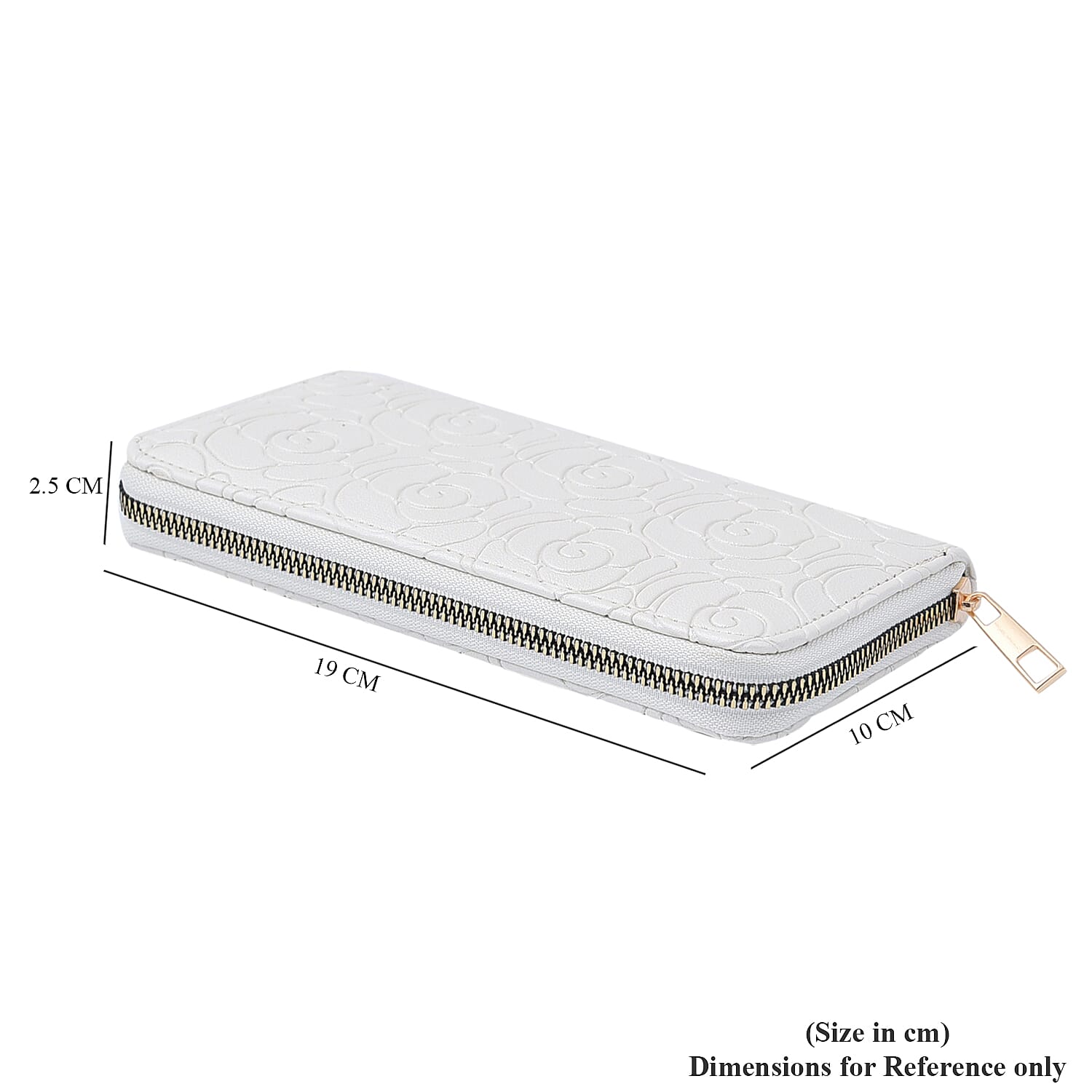 Rose Embossed Pattern Long Size Wallet with Zipper Closure (Size 19x10x3Cm) - White