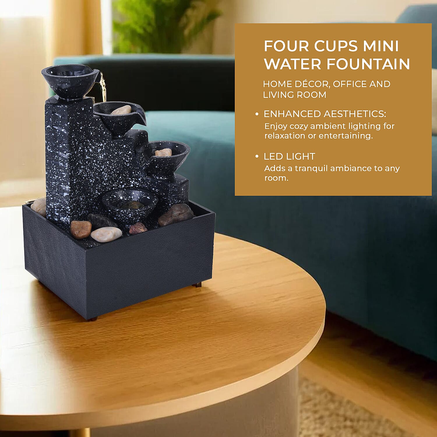 Four Cups Mini Water Fountain with LED Light (Size - 17x11x9cm)