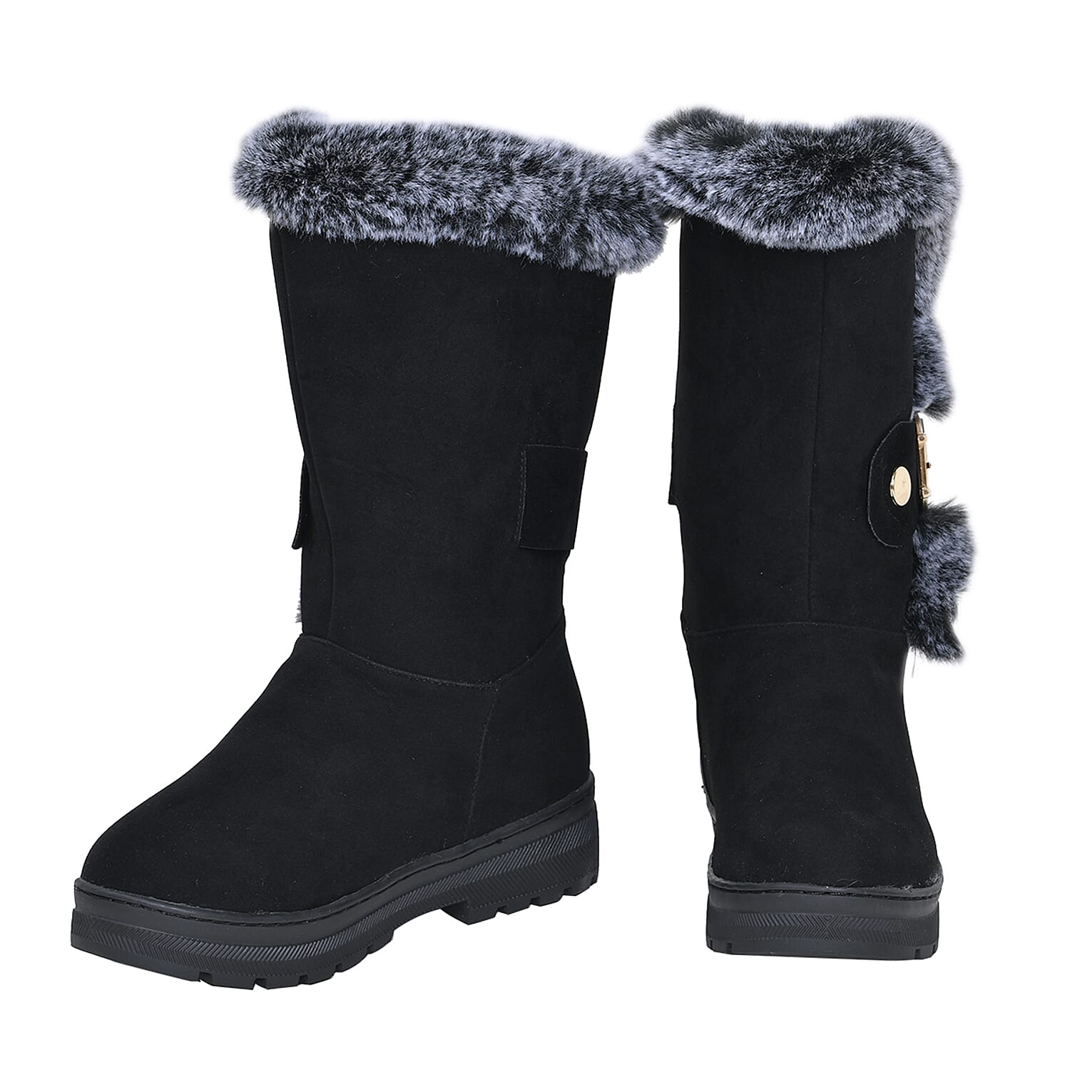 Faux Fur Winter Boots with Buckle - Black