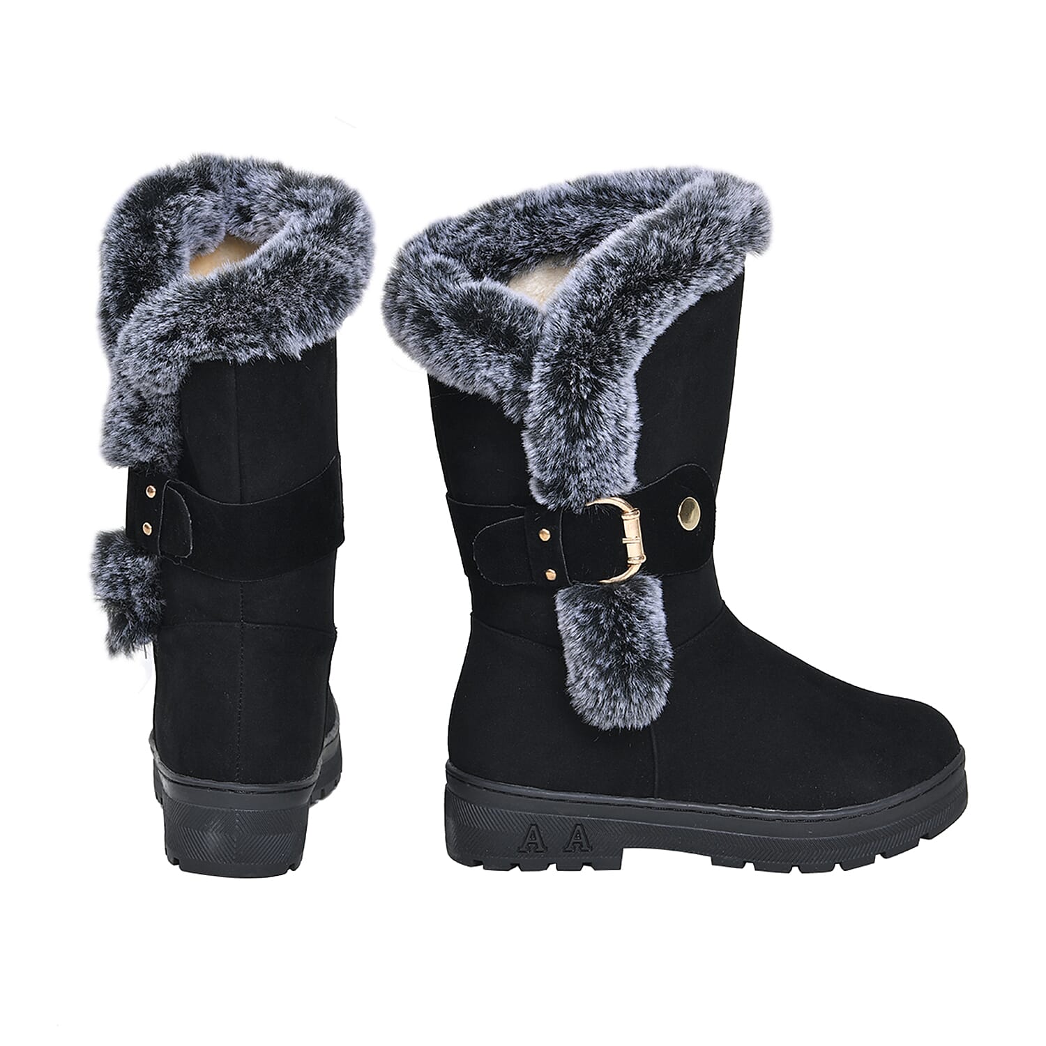 Faux Fur Winter Boots with Buckle - Black