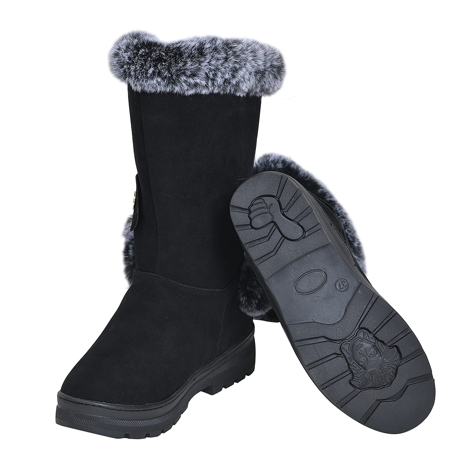 Faux Fur Winter Boots with Buckle - Black