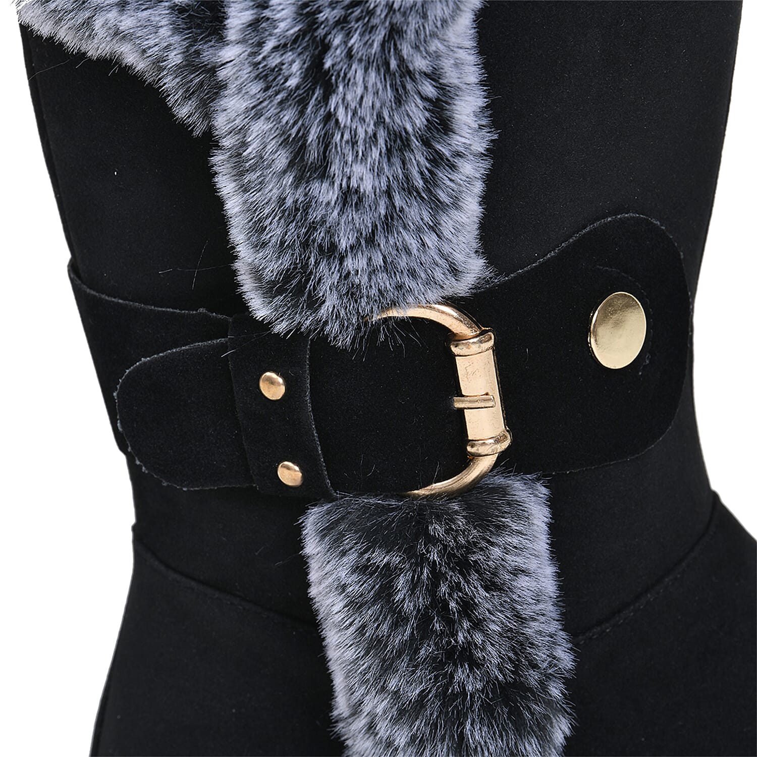Faux Fur Winter Boots with Buckle - Black