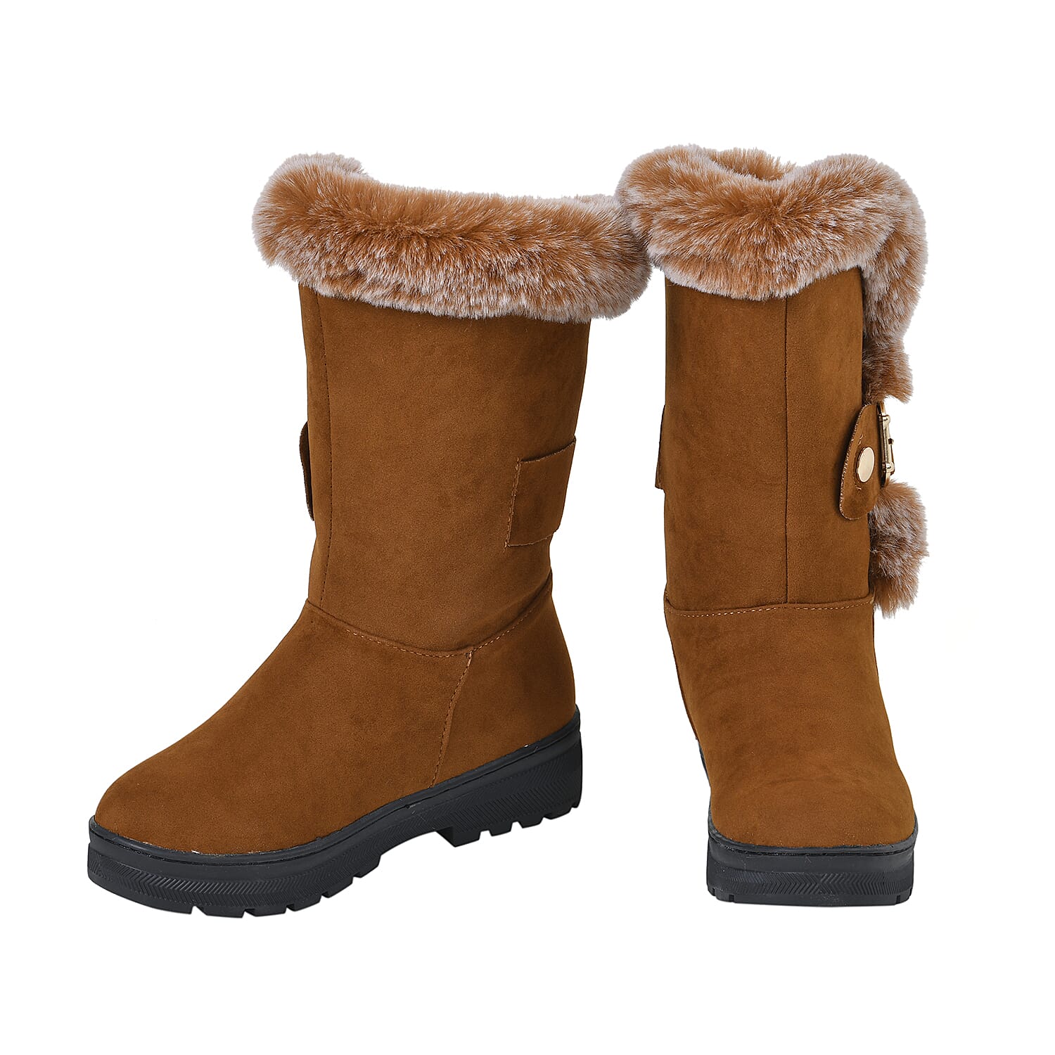 Faux Fur Winter Boots with Buckle - Black