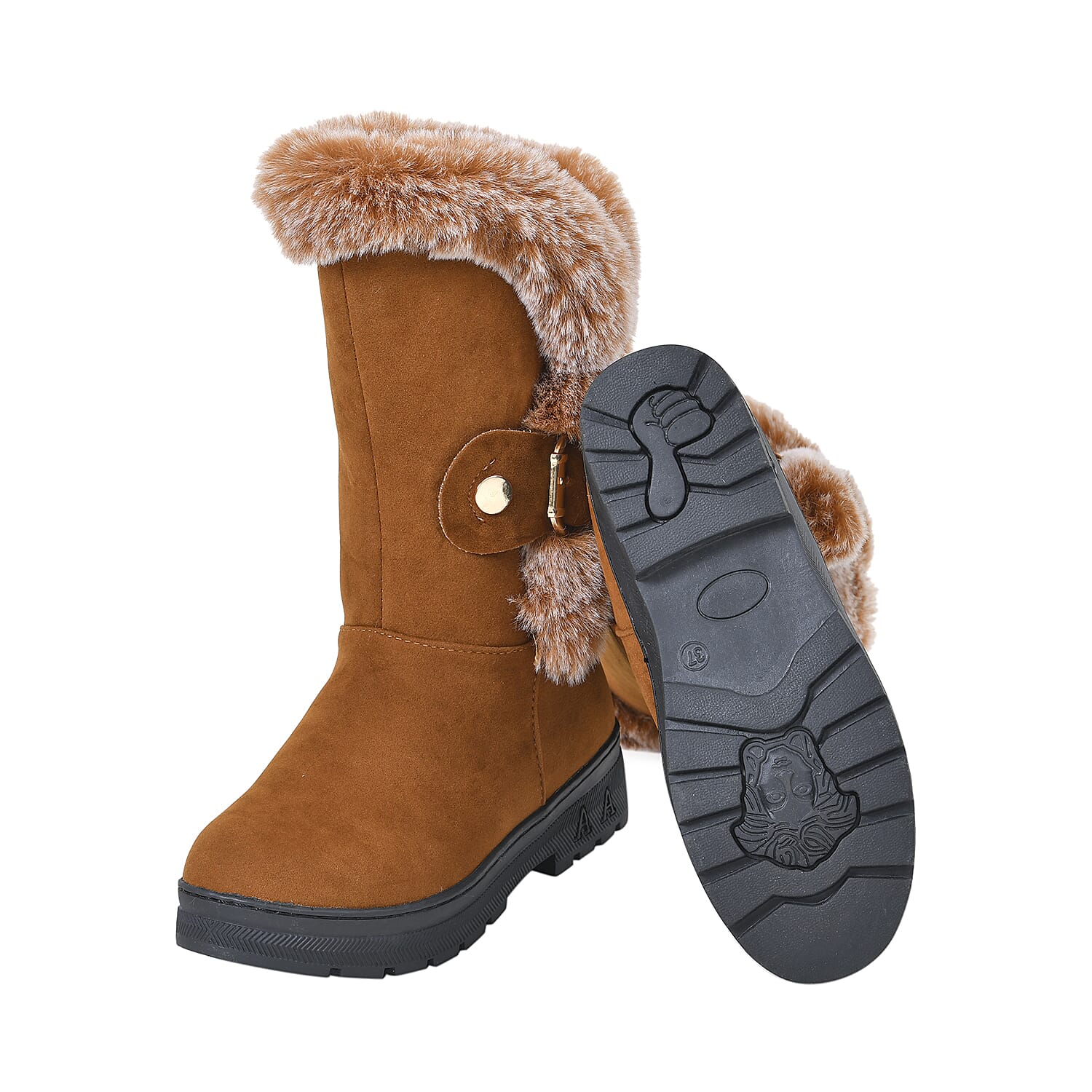 Faux Fur Winter Boots with Buckle - Black