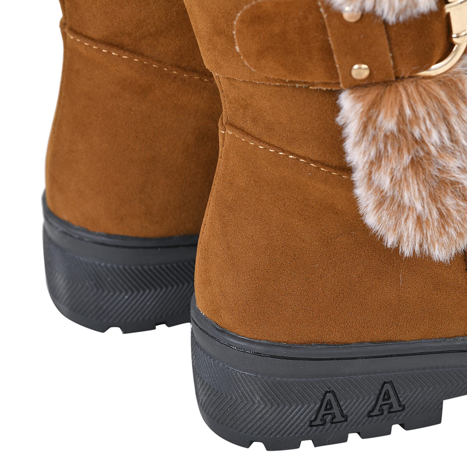 Faux Fur Winter Boots with Buckle - Black
