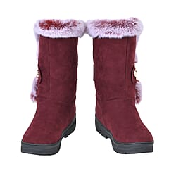 Faux Fur Winter Boots with Buckle - Burgundy
