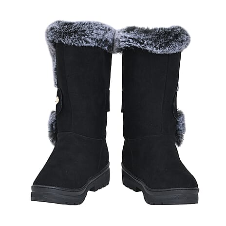 Faux Fur Winter Boots with Buckle (Size 3) - Black