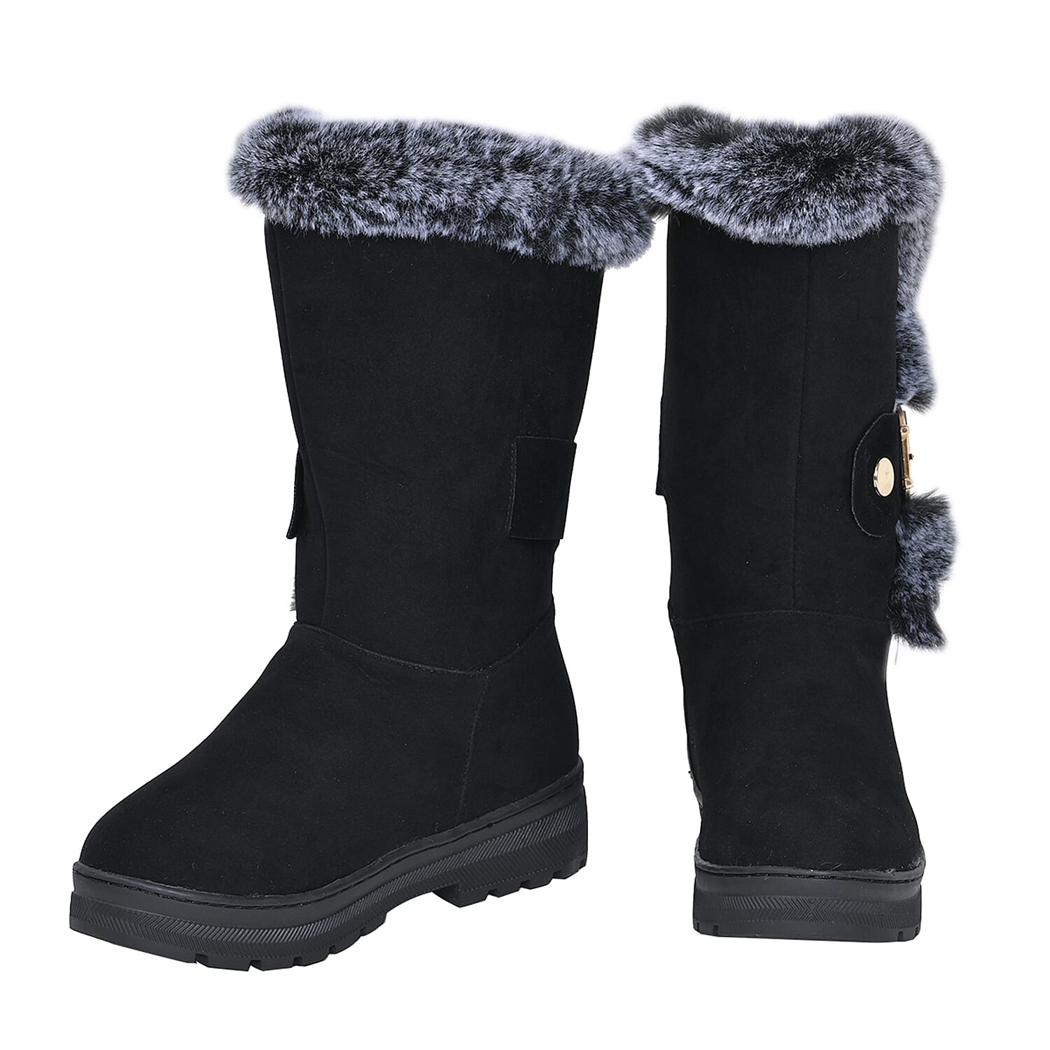 Faux Fur Winter Boots with Buckle (Size 3) - Black