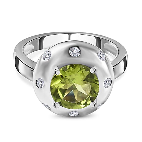 Hebei Peridot and Natural Zircon Ring in Platinum Overlay Sterling Silver 2.10 Ct Hebei Peridot and Natural Zircon Ring in Platinum Overlay Sterling Silver 2.10 Ct