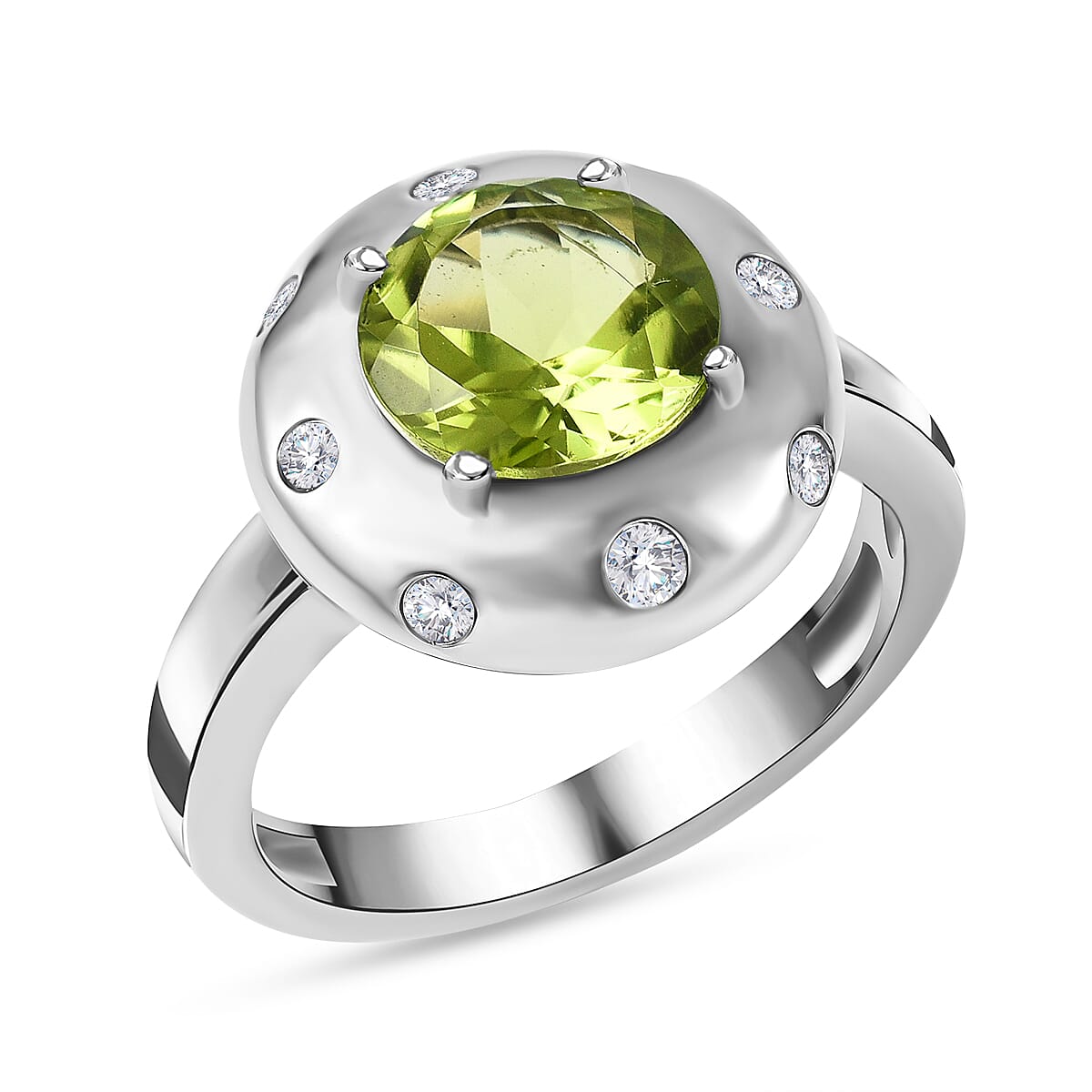 Hebei Peridot and Natural Zircon Ring in Platinum Overlay Sterling Silver 2.10 Ct