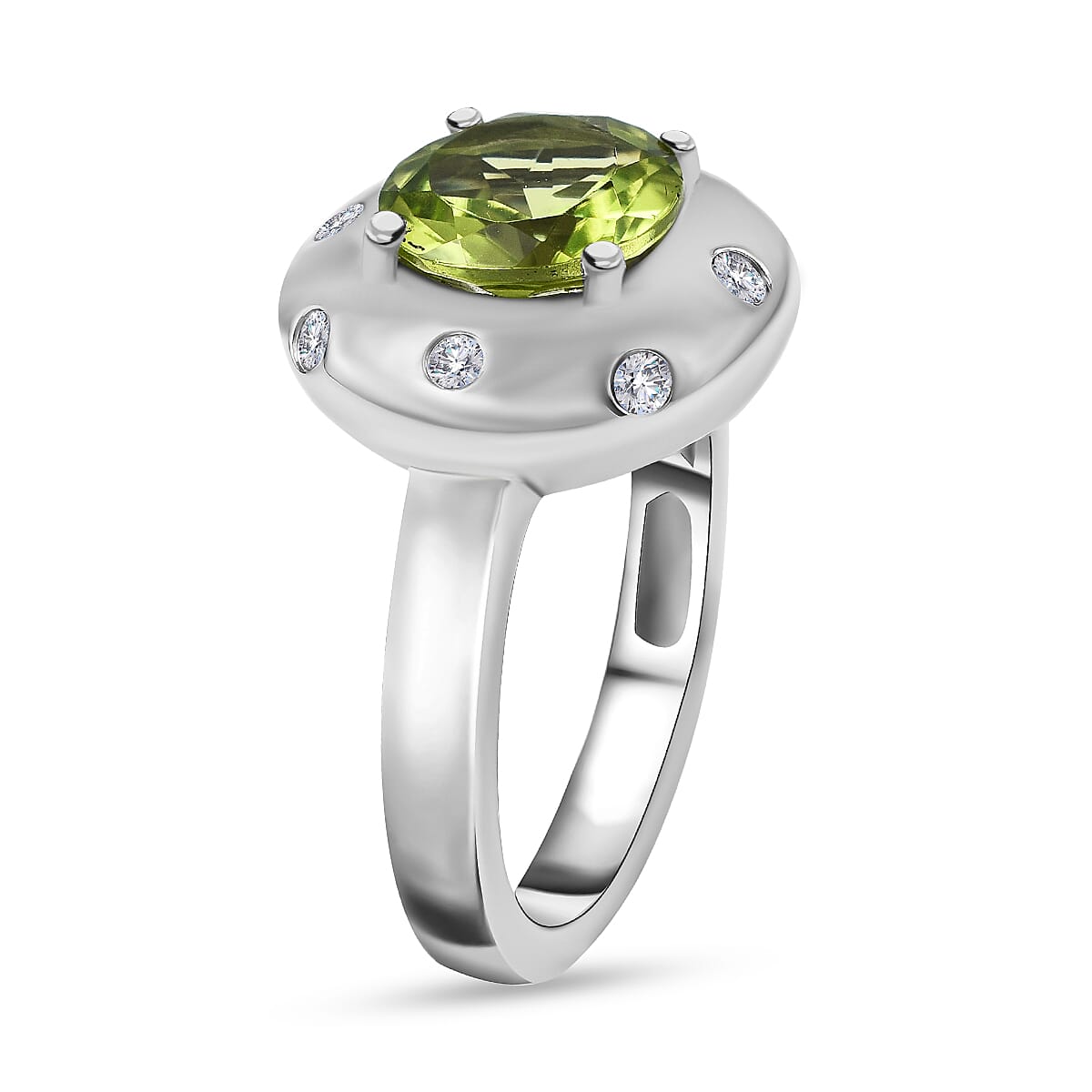 Hebei Peridot and Natural Zircon Ring in Platinum Overlay Sterling Silver 2.10 Ct