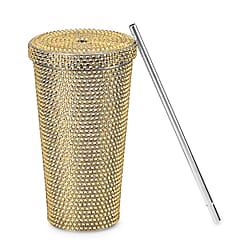 Crystal Encrusted Stainless Steel Insulated Cup with Straw & Lid (Capacity 18oz) - Blue