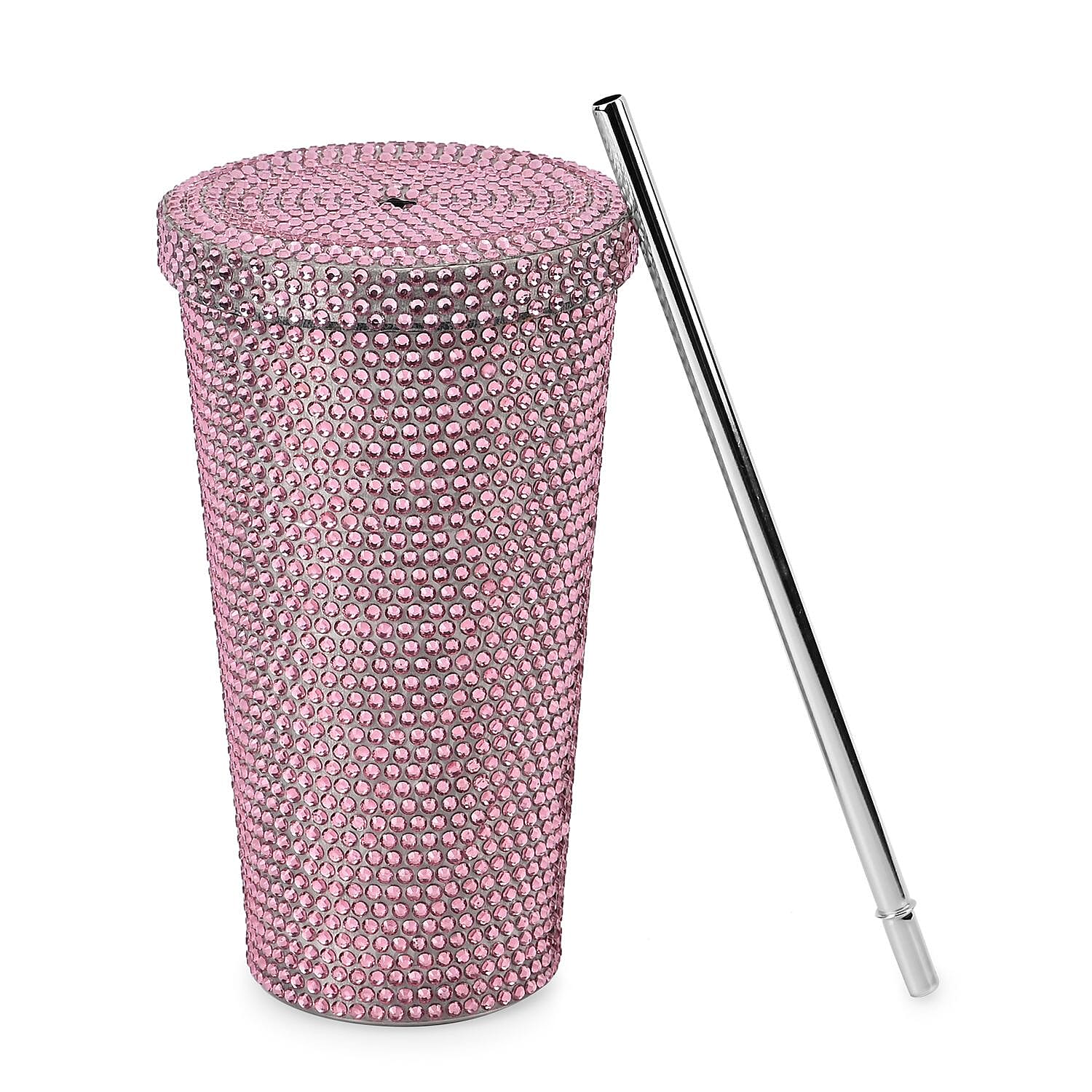 Crystal Encrusted Stainless Steel Insulated Cup with Straw & Lid (Capacity 18oz) - Pink