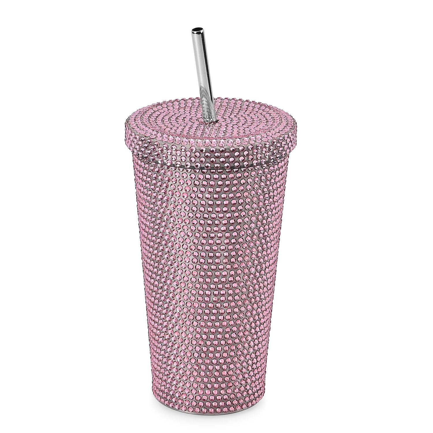 Crystal Encrusted Stainless Steel Insulated Cup with Straw & Lid (Capacity 18oz) - Pink