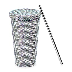 Crystal Encrusted Stainless Steel Insulated Cup with Straw & Lid (Capacity 18oz) - Blue