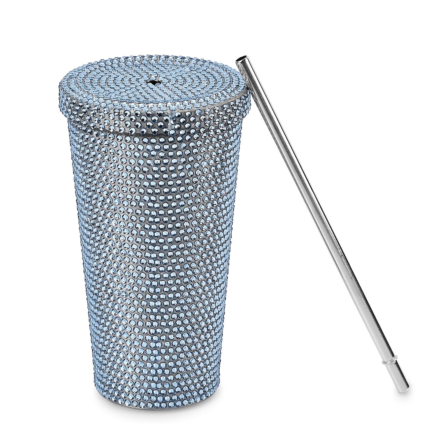 Crystal Encrusted Stainless Steel Insulated Cup with Straw & Lid (Capacity 18oz) - Blue