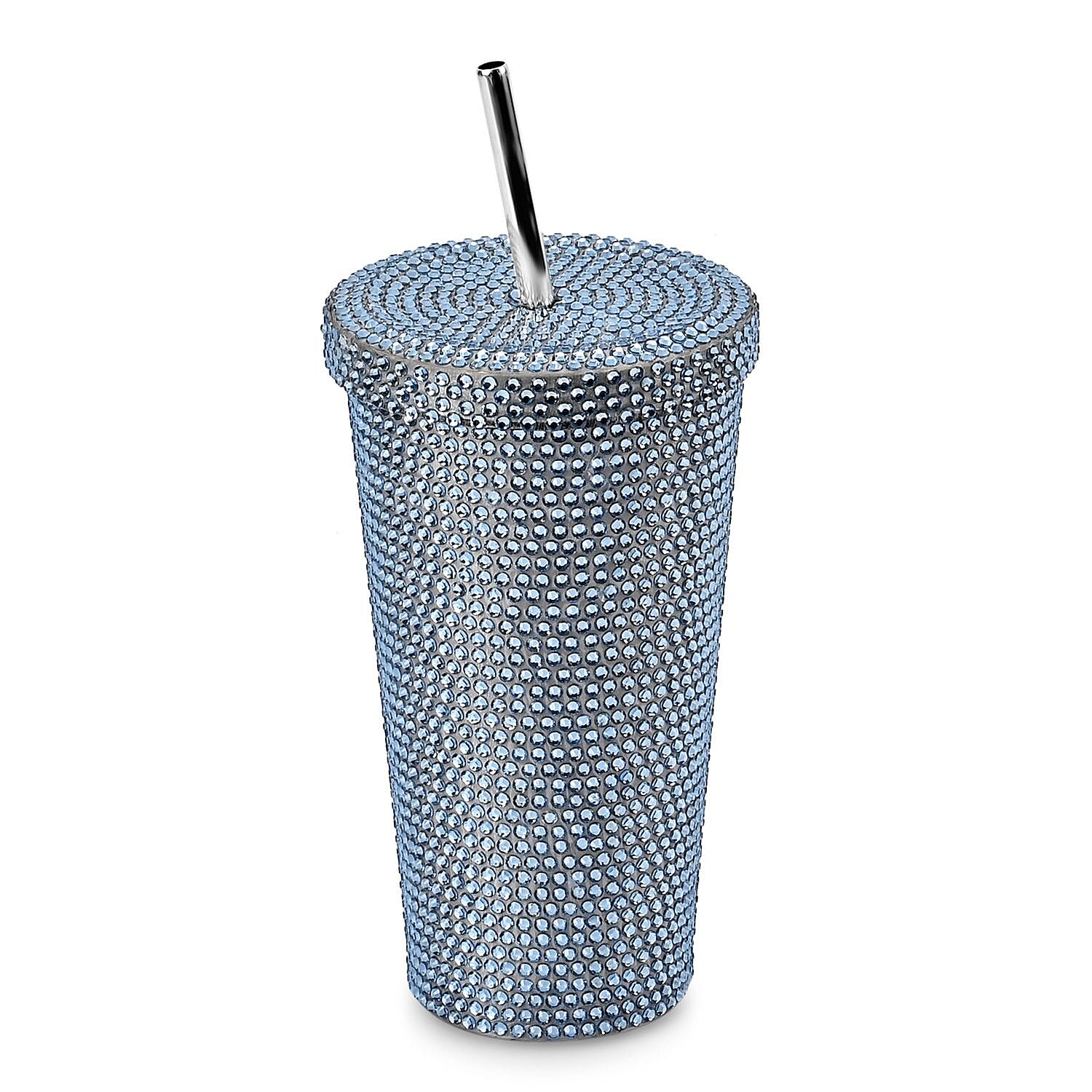 Crystal Encrusted Stainless Steel Insulated Cup with Straw & Lid (Capacity 18oz) - Blue