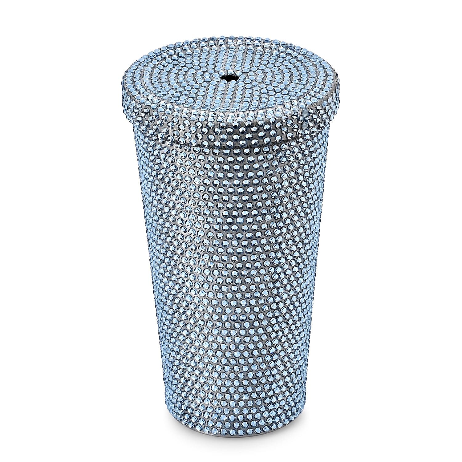 Crystal Encrusted Stainless Steel Insulated Cup with Straw & Lid (Capacity 18oz) - Blue