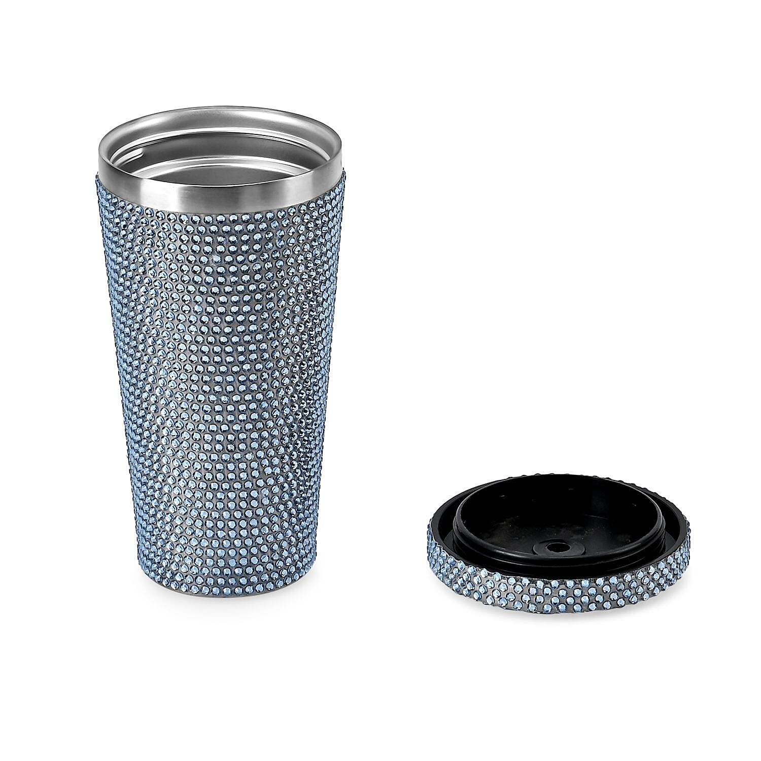 Crystal Encrusted Stainless Steel Insulated Cup with Straw & Lid (Capacity 18oz) - Blue