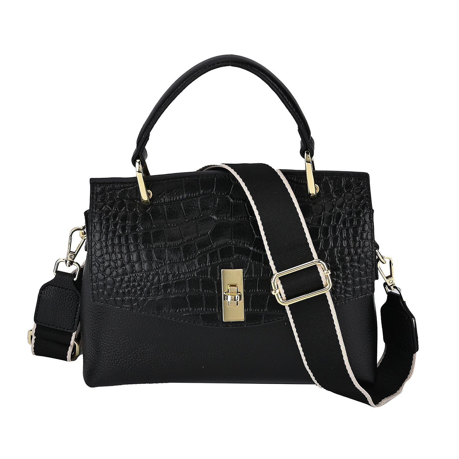 100% Genuine Leather Chic Crocodile Embossed Crossbody Bag with Handle Drop - 2 Adjustable Strap - Black