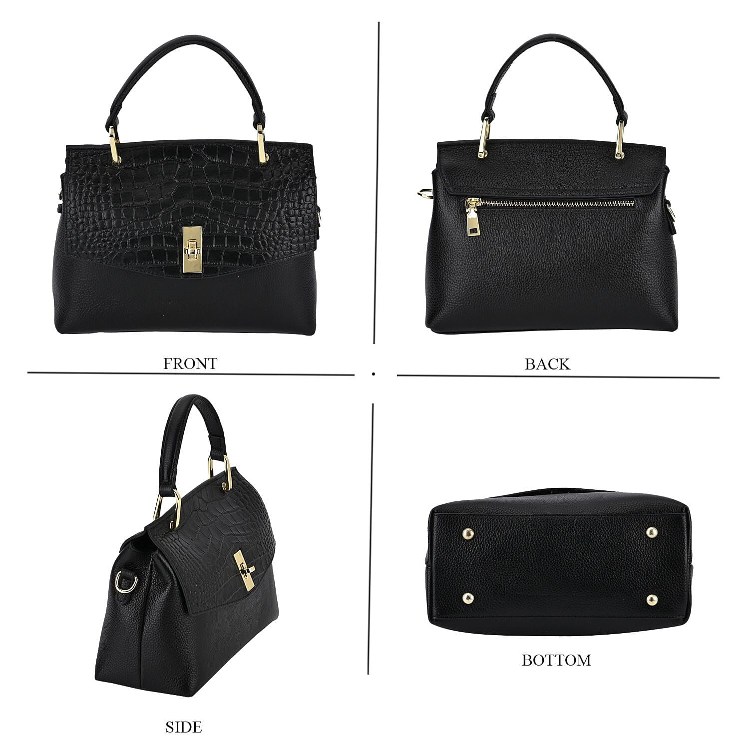 100% Genuine Leather Chic Crocodile Embossed Crossbody Bag with Handle Drop - 2 Adjustable Strap - Black