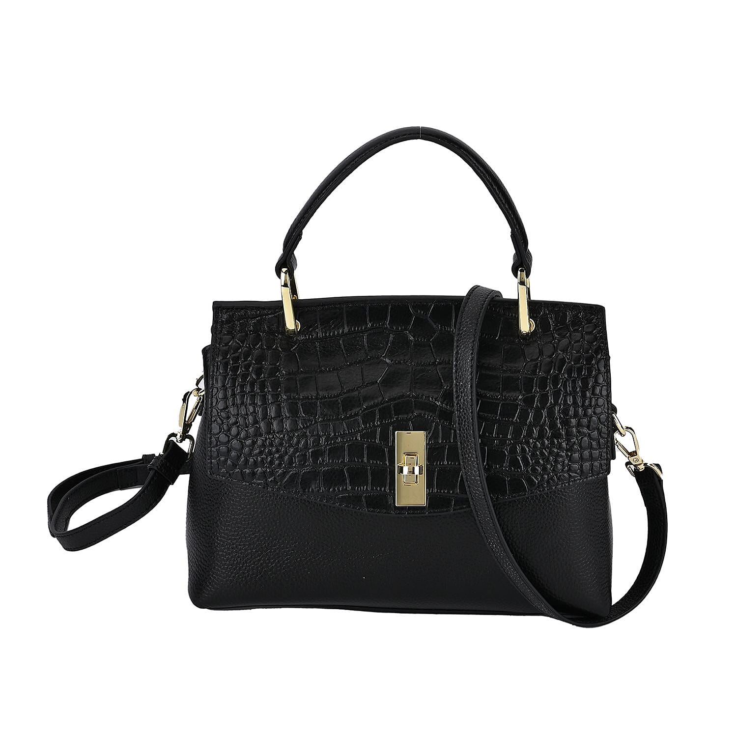 100% Genuine Leather Chic Crocodile Embossed Crossbody Bag with Handle Drop - 2 Adjustable Strap - Black