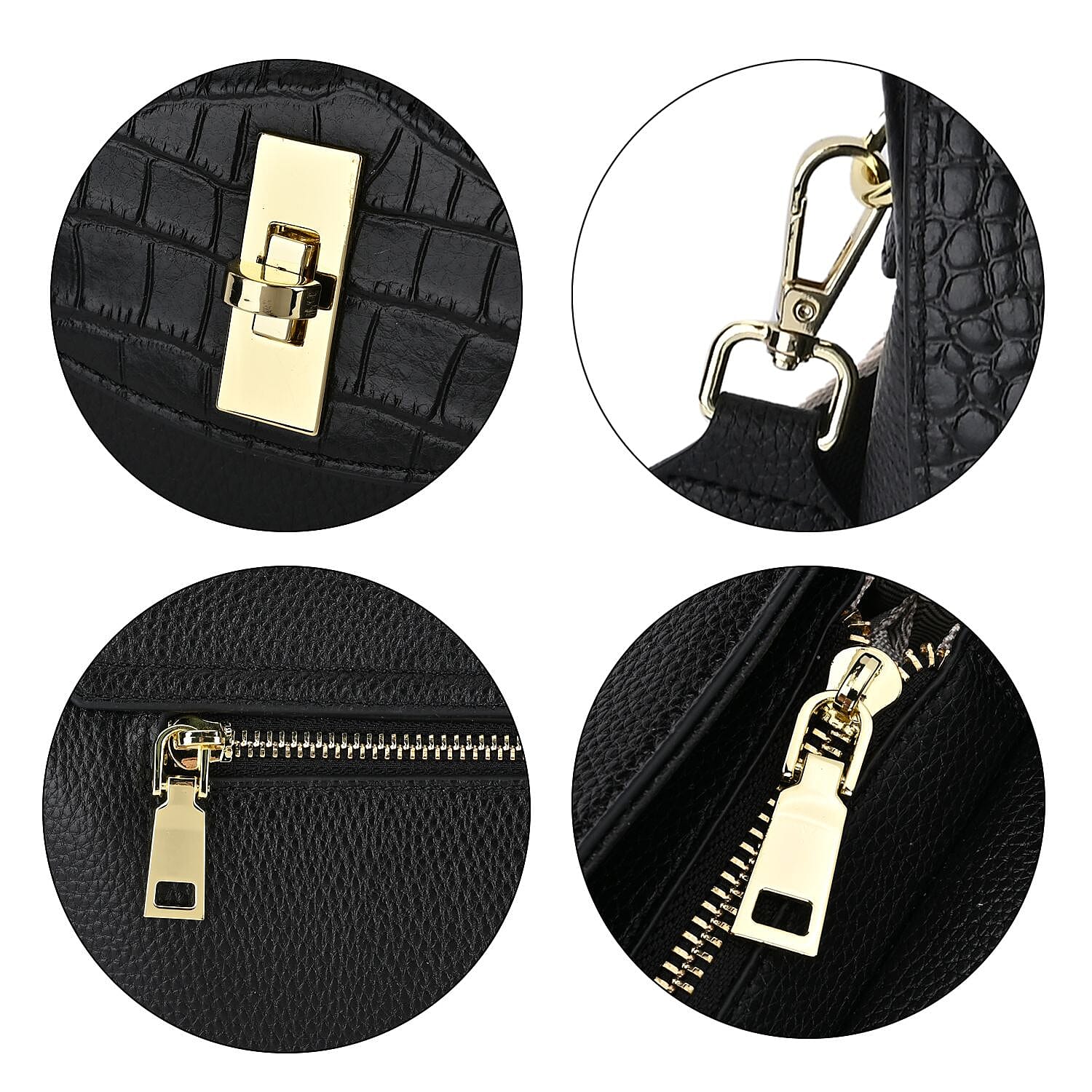 100% Genuine Leather Chic Crocodile Embossed Crossbody Bag with Handle Drop - 2 Adjustable Strap - Black