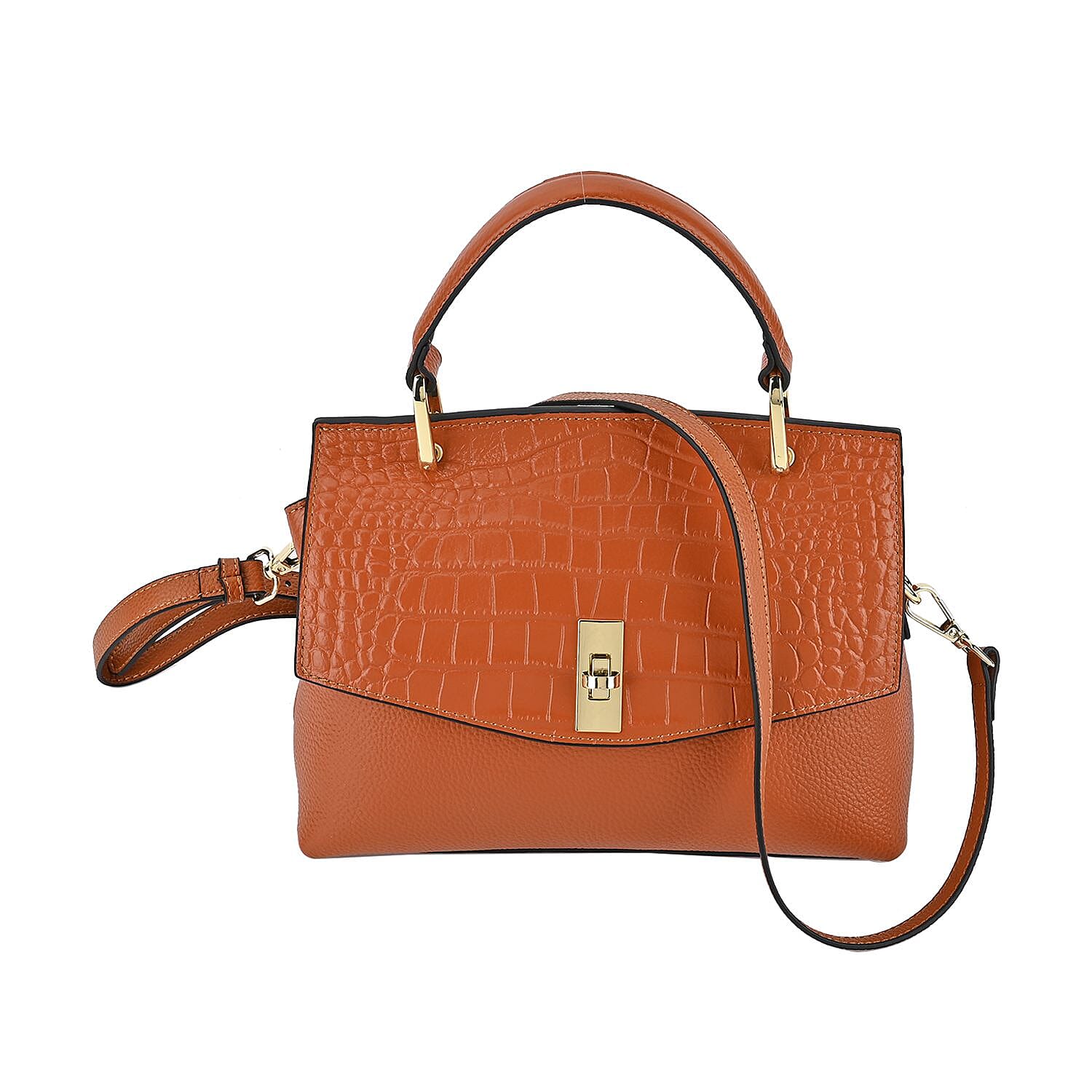 100% Genuine Leather Chic Crocodile Embossed Crossbody Bag with Handle Drop - 2 Adjustable Strap - Tan