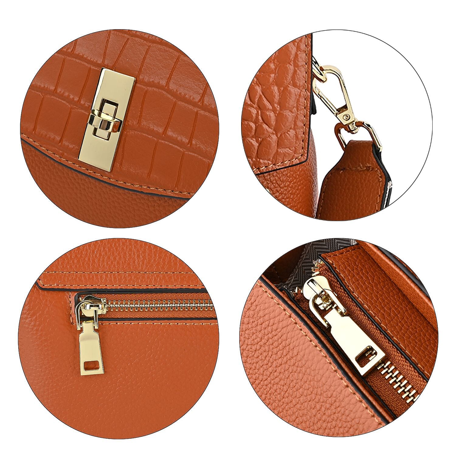 100% Genuine Leather Chic Crocodile Embossed Crossbody Bag with Handle Drop - 2 Adjustable Strap - Tan