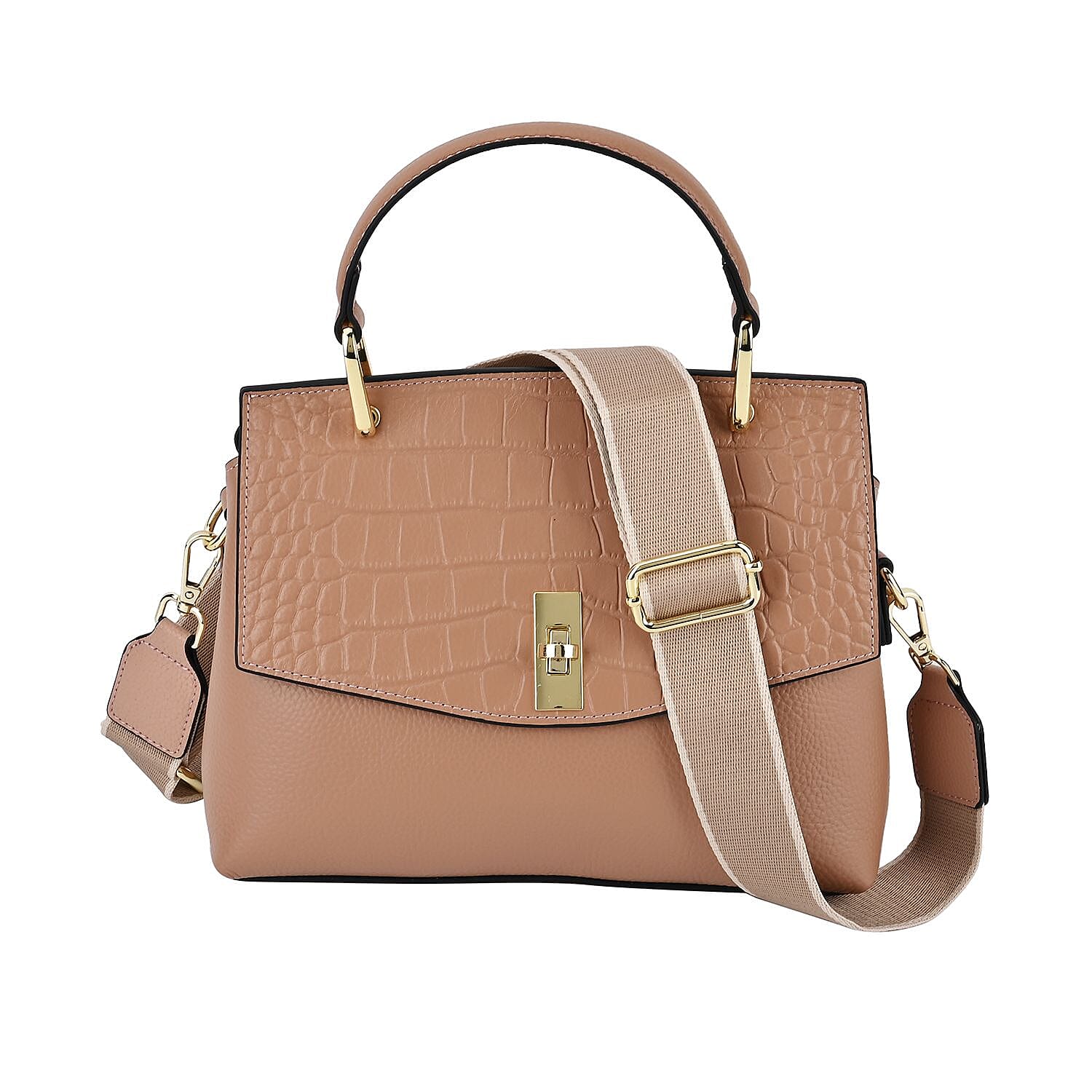 100% Genuine Leather Chic Crocodile Embossed Crossbody Bag with Handle Drop - 2 Adjustable Strap - Beige