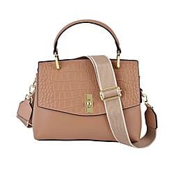 Genuine Leather Crocodile Embossed Crossbody Bag With 2 Strap - Beige