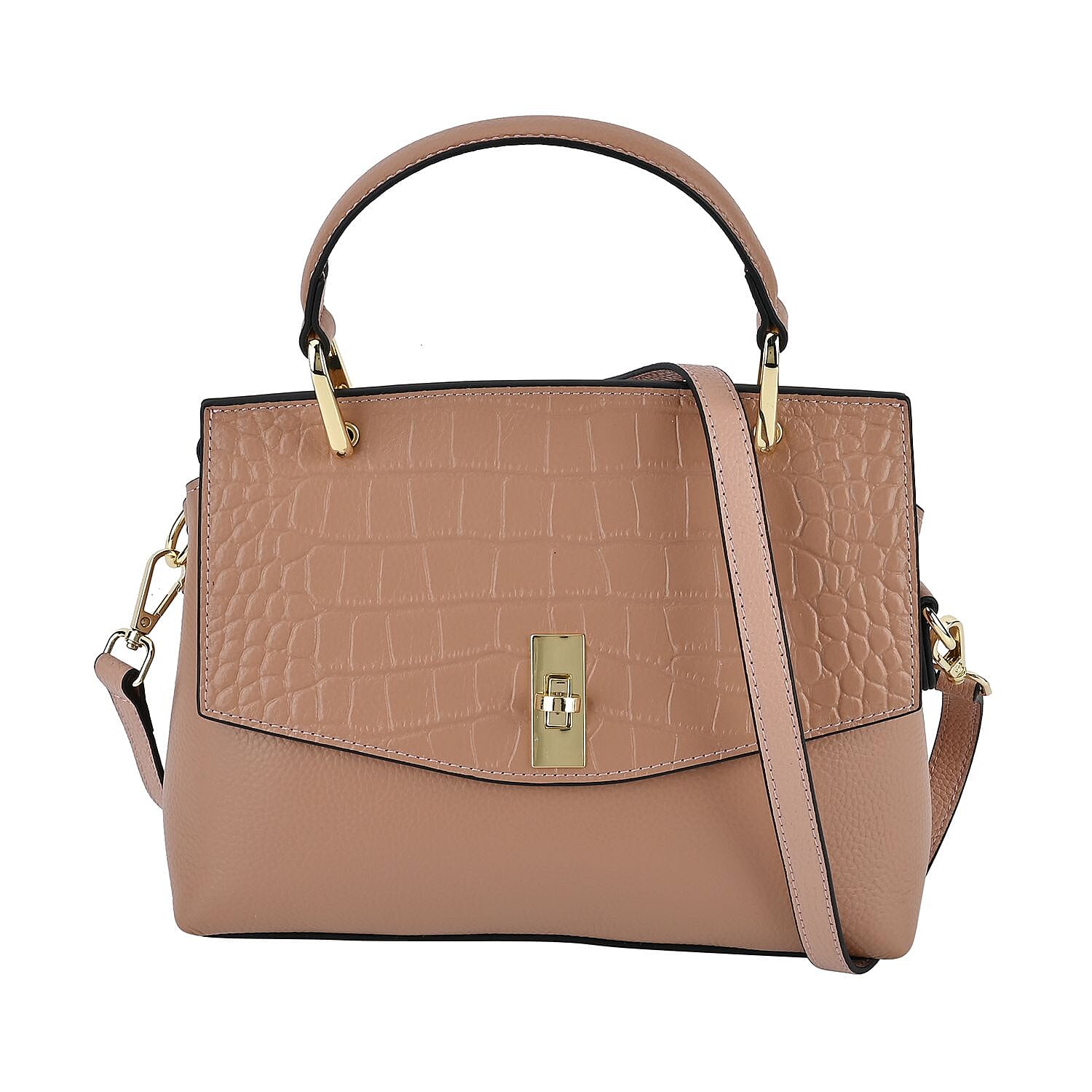 100% Genuine Leather Chic Crocodile Embossed Crossbody Bag with Handle Drop - 2 Adjustable Strap - Beige