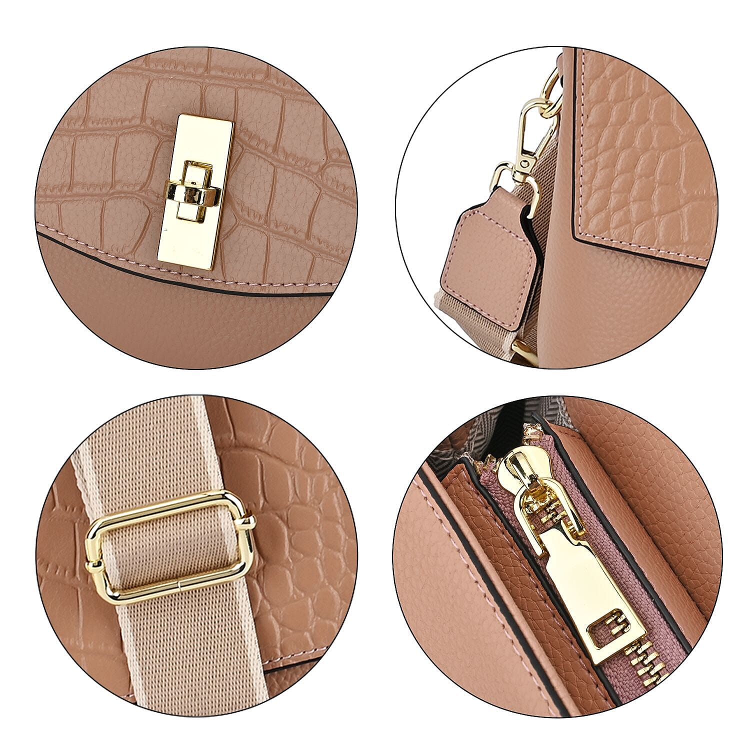 100% Genuine Leather Chic Crocodile Embossed Crossbody Bag with Handle Drop - 2 Adjustable Strap - Beige