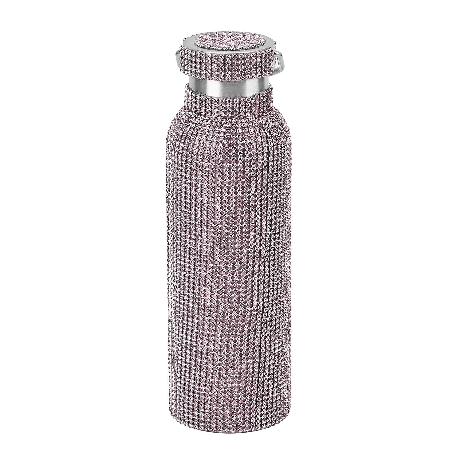 Crystal Studded Stainless Steel Water Bottle with Handle & Chain (20oz) - Pink