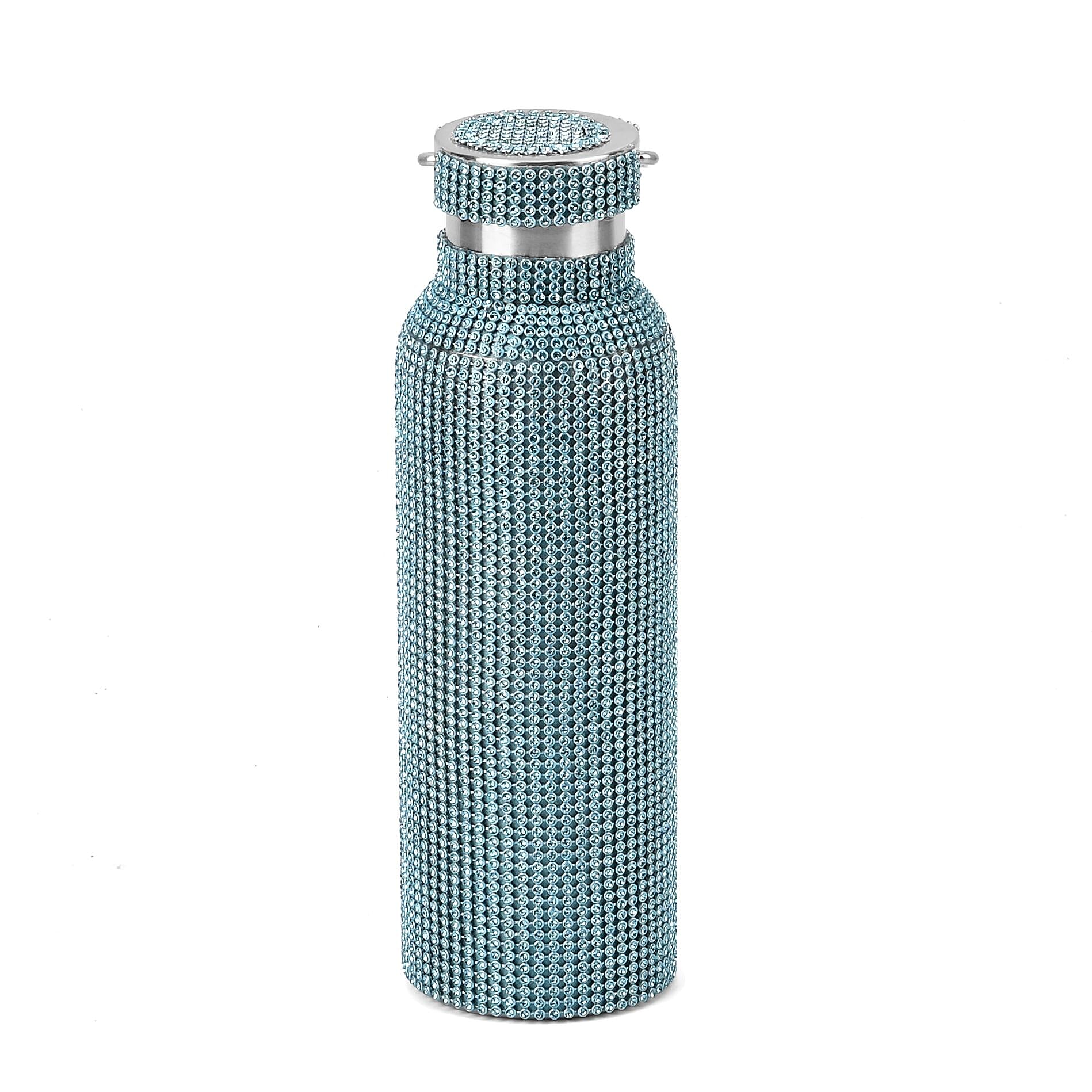 Crystal Studded Stainless Steel Water Bottle with Handle & Chain (20oz) - Blue